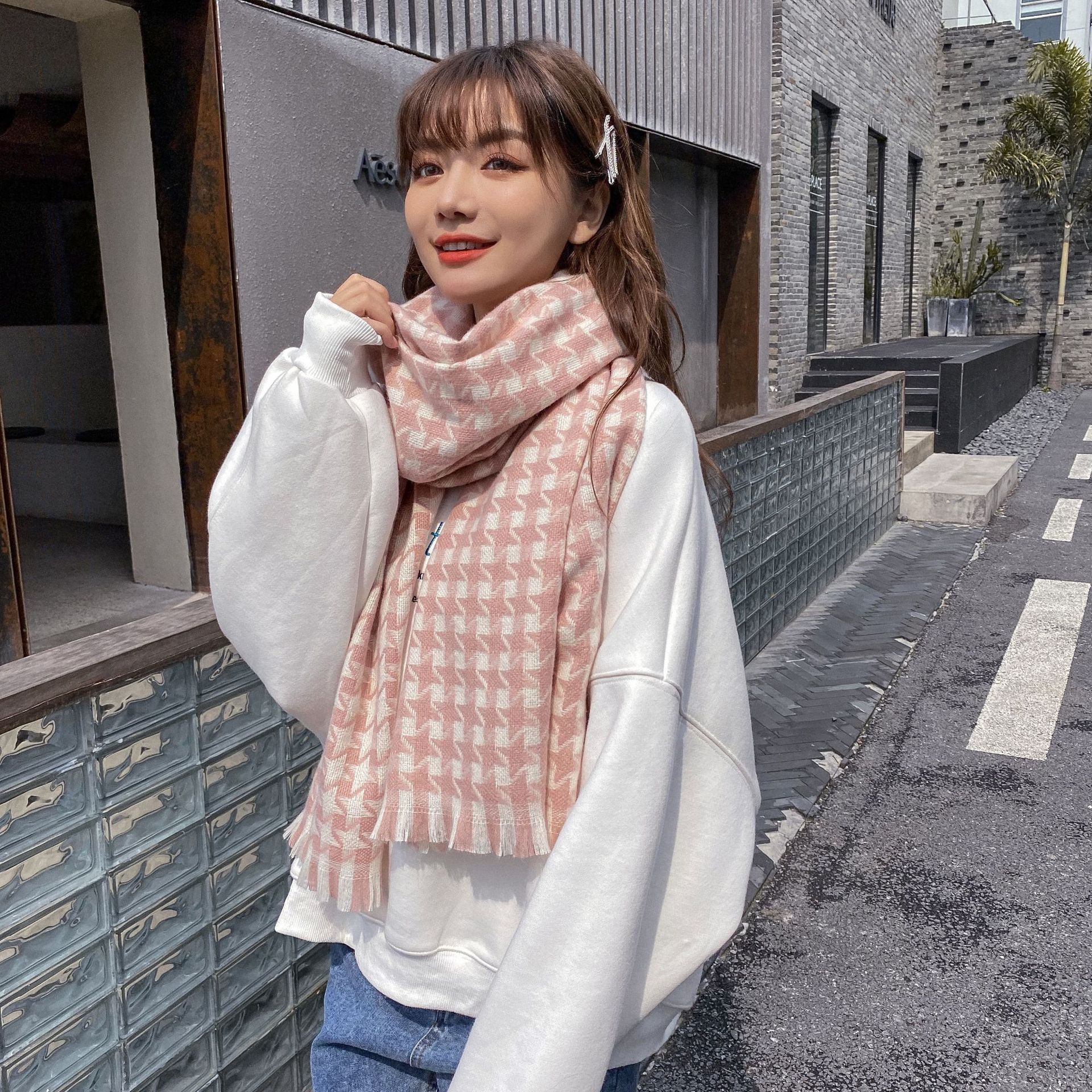 Houndstooth scarf winter women's thickened cold proof Bib European and American cashmere warm tassel Shawl Scarf