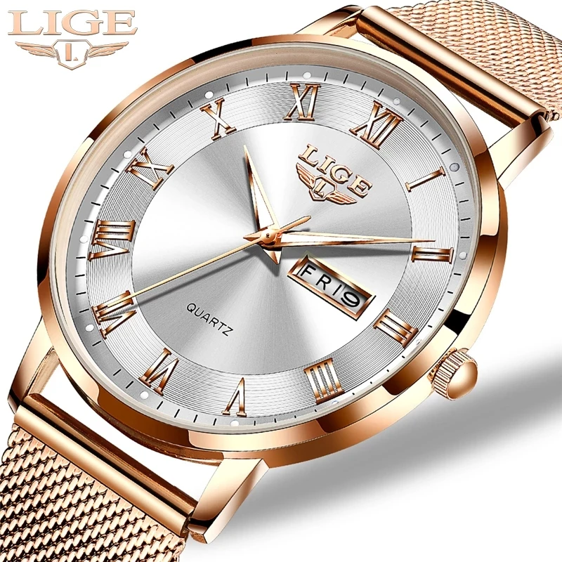 LIGE, reloj de lujo a la para mujer, resistente al agua, correa de malla de acero y oro rosa, relojes de pulsera para mujer, relojes de pulsera, reloj femenino