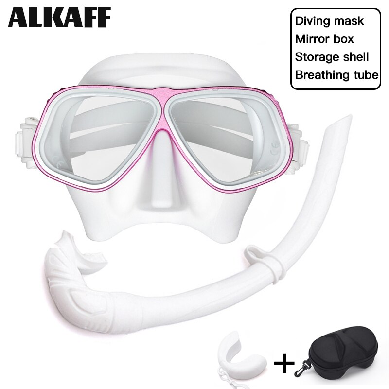 low volume free diving mask Alloy frame scuba diving equipment Snorkel goggles Toughened glass for free dive: White pink suit