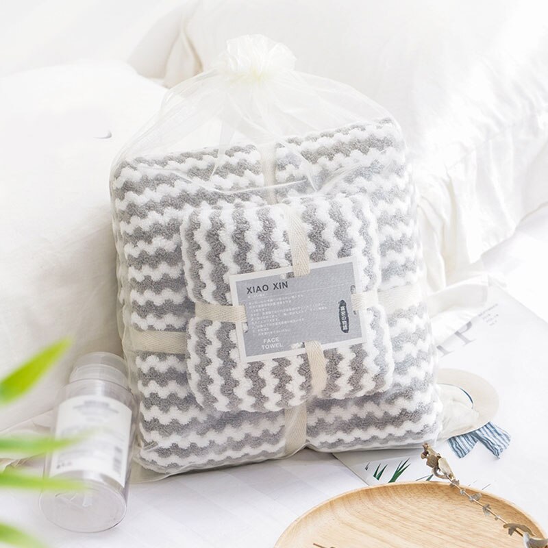 2Pcs/set Bathroom Towels Microfiber Towel Set 140*70cm&75*35cm Stripe Swimming Coral Fleece Face Towel Absorbent Hair Towel: Light Grey