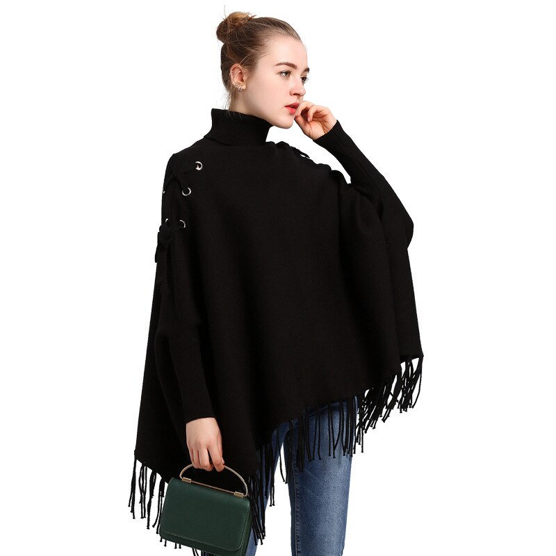 Noyau filé glands attache pull à col roulé en vrac manches chauve-souris pull Cape femmes automne hiver Poncho manteau: Black