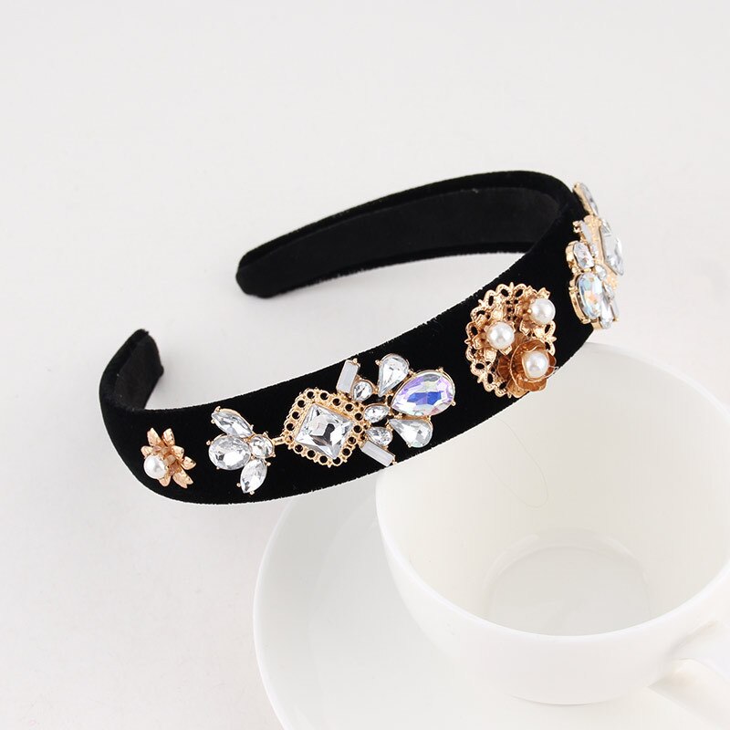 Hair Accessories Baroque Jeweled Pearl Hairband Crystal Rhinestone Bezel Velvet Satin Headband For Women Girls: Pattern 14