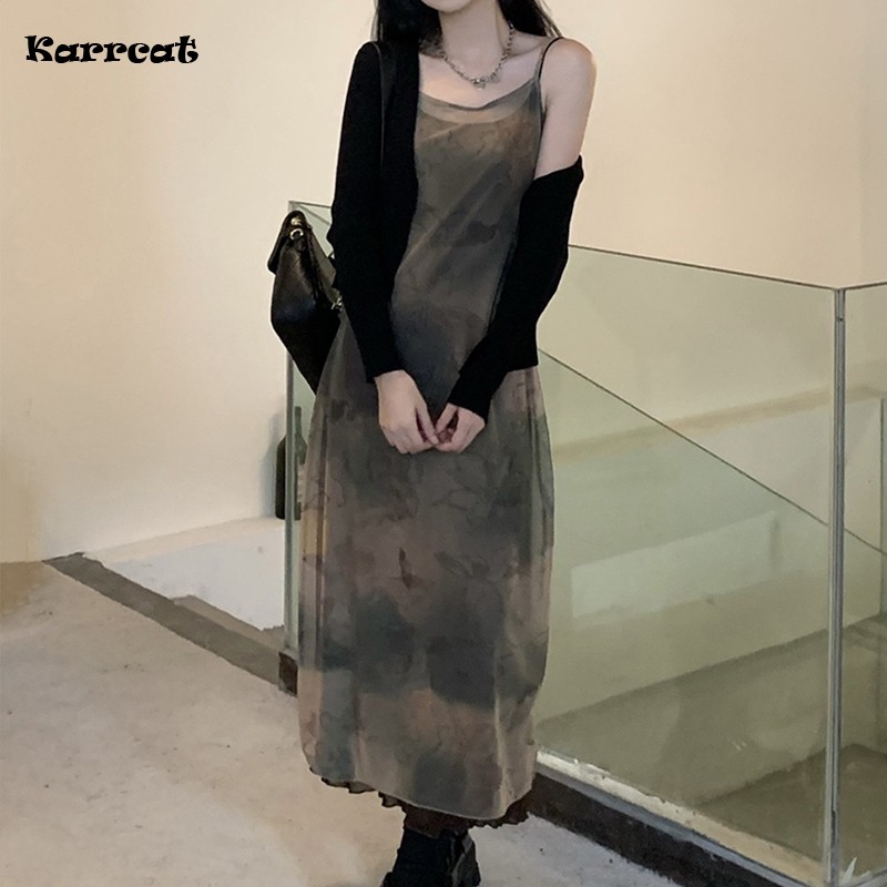Karrcat Vintage Tie Dye Print Mesh Jurk Grunge Gothic Spaghetti Strap Midi Jurk Koreaanse Stijl Feestjurk Fairycore Vestidos