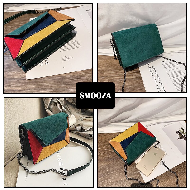 SMOOZA Retro Matte Patchwork Crossbody Bags for Women Small Flap Bags Chain Strap Shoulder Bag Ladies Criss-cross Bag