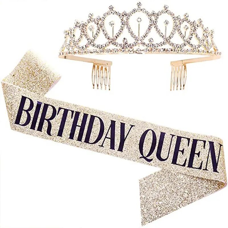 Bling Rhinestone Crystal Crown Tiara Birthday Anniversary Decoration Happy 18 21 30 40 50th Birthday Satin Sash Party Supplies: black