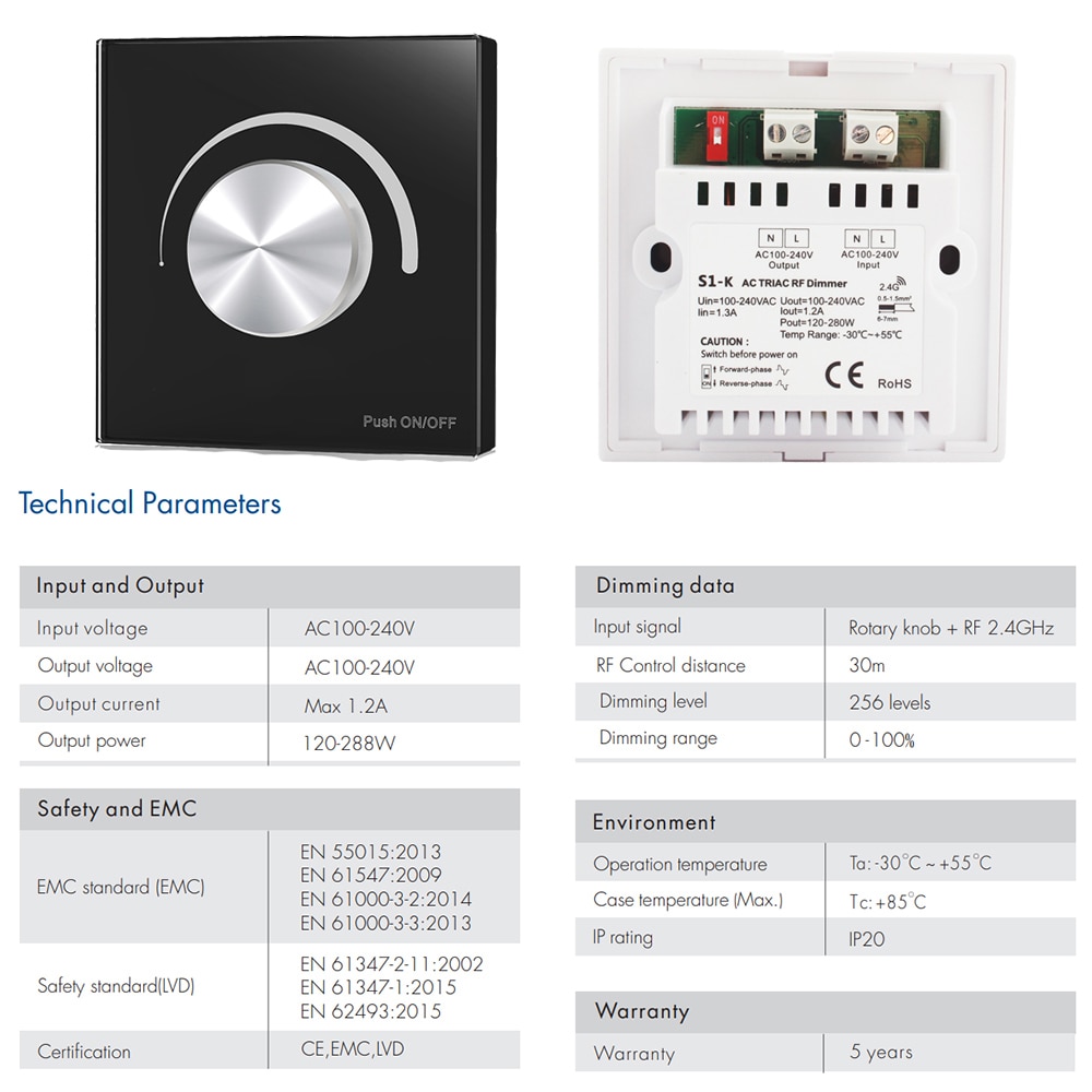 LED Dimmer Switch 220V 230V 110V AC Rotary Dimmable Wireless RF 2.4G Remote Smart Wifi Triac Dimmer for LED Lamp Bulb Light S1-K