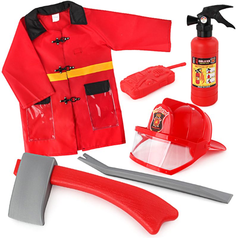 Kids Firefighter Fireman Cosplay Costume Waterproof Jacket Uniforms Clothes Role Play Toy Funny Halloween Party Game