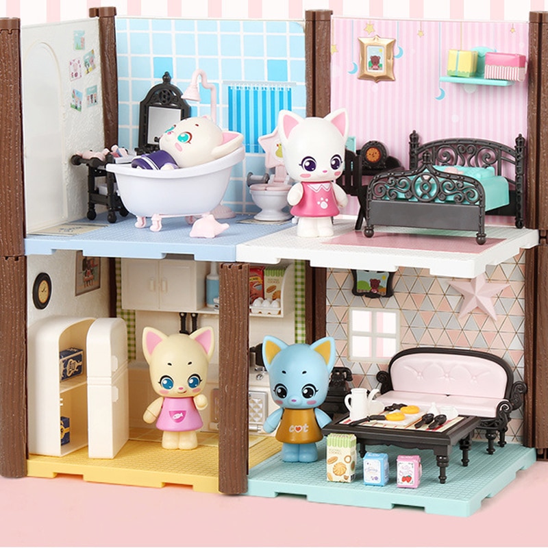 1set Baby Model Poppenhuis Met Meubels Cat 'S Mini Familie Scene Badkamer Keuken Model Meisje Speelhuis Speelgoed Verjaardagscadeautjes speelgoed