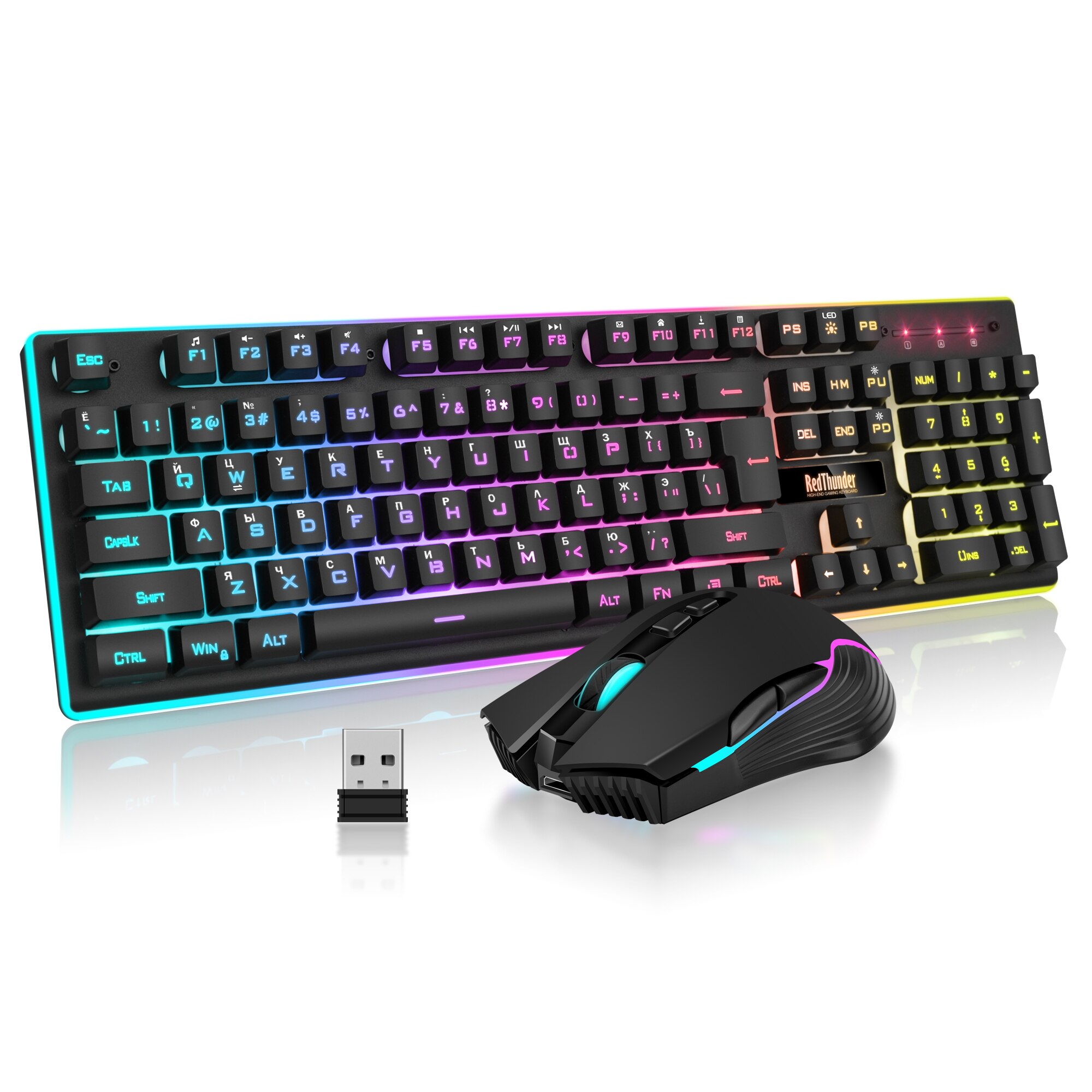Redthunder  k10 trådløst gaming tastatur og mus combo, led baggrundsbelyst genopladeligt 3800 mah batteri, mekanisk fornemmelse anti-ghosting: Sort combo ru