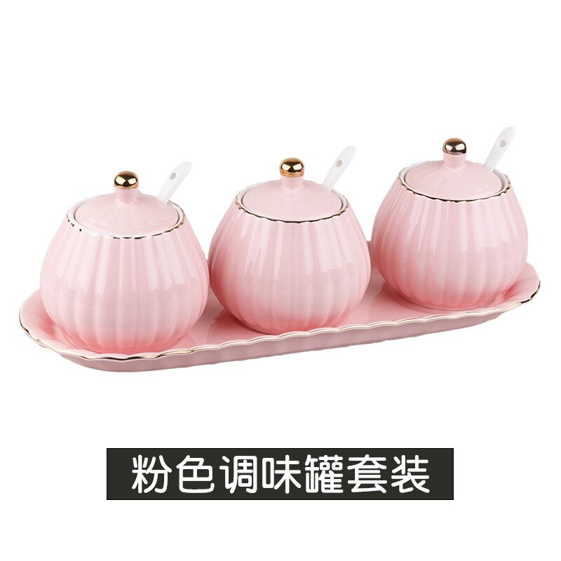Juego de tarros de cerámica para condimentos, salero, contenedor de especias, juego de botes, suministros de cocina para el hogar, organizador de especias: pink 3pcs