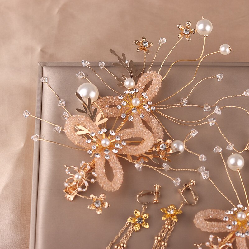 Bridal Hairpins Clips Earring Sets for Photo Shooting Gold Color Rhinestone Pearls Headpieces Headbands Bride Wedding Jewelry