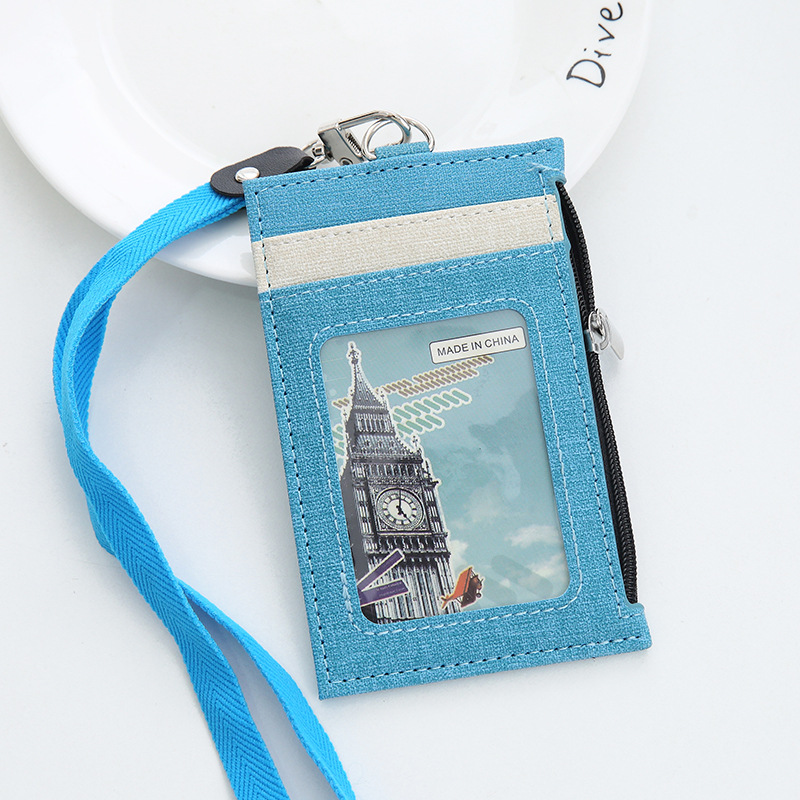 Personeel Bus Pass Card Sleeve Case Pu Leather Wallet Type Id-kaart Naam Badge Houder Met Neck Strap Lanyard Badge: Light Blue