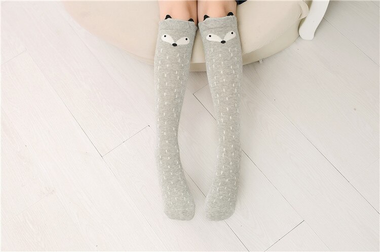 Chaussettes en coton pour enfants | Chaussettes montantes aux genoux avec oreilles de chat de dessin animé pour bébés filles, chauffantes les jambes,: Gray  Fox