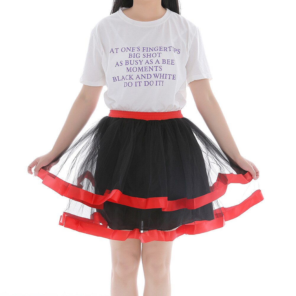 Elastic Waist Vintage Rockabilly Petticoat Crinoline Puffy Tutu Tulle Underskirt Net Tulle Princess Ballet Dance Pettiskirts 045: black and red / waist 66-110 cm