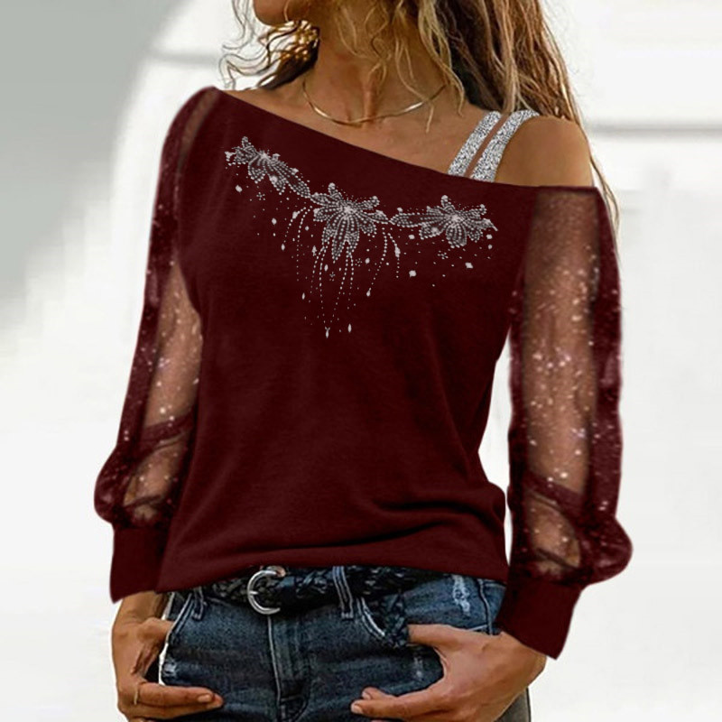 Xs -8xl kanten blouse dames sexy lange mouwen schuine kraag off-shoulder patchwork tops casual herfst diamanten blouses: Xxl / Hemelsblauw