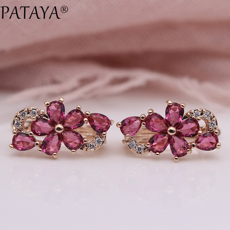 PATAYA Water Pruimenbloesem Dangle Oorbellen Vrouwen Mode Trendy Sieraden 585 Rose Goud Bloemblaadje Natuurlijke Zirkoon Blauw Oorbellen: Rose Red