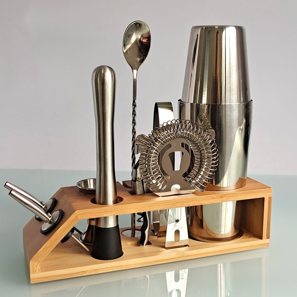 Bartender Kit， 10-Piece Cocktail Shaker Set Bamboo Trapezoid Stand， For Mixed Drinks Martini Home Bar Tools Set Stainless Steel