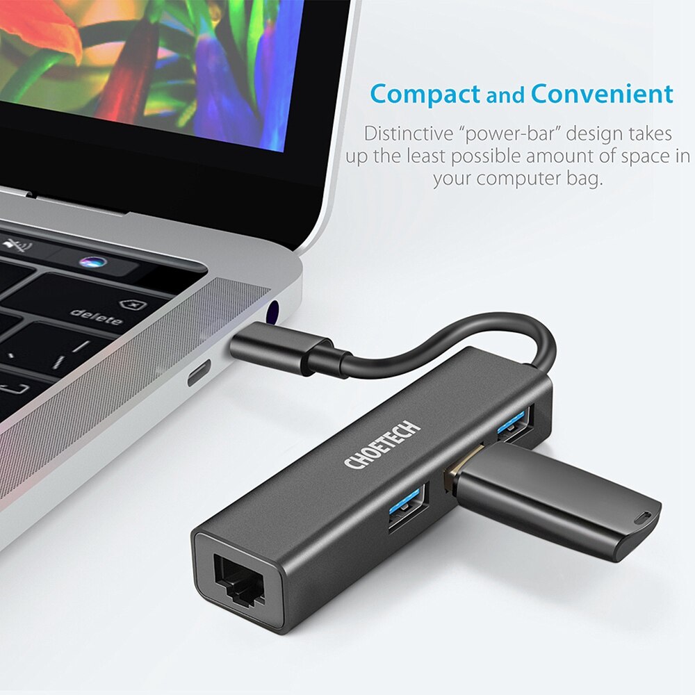 Choetech Usb C To Gigabit Ethernet Adapter Rj45 Port And 3-Port Usb 3.0 Port For Macbook/Surface Book 2