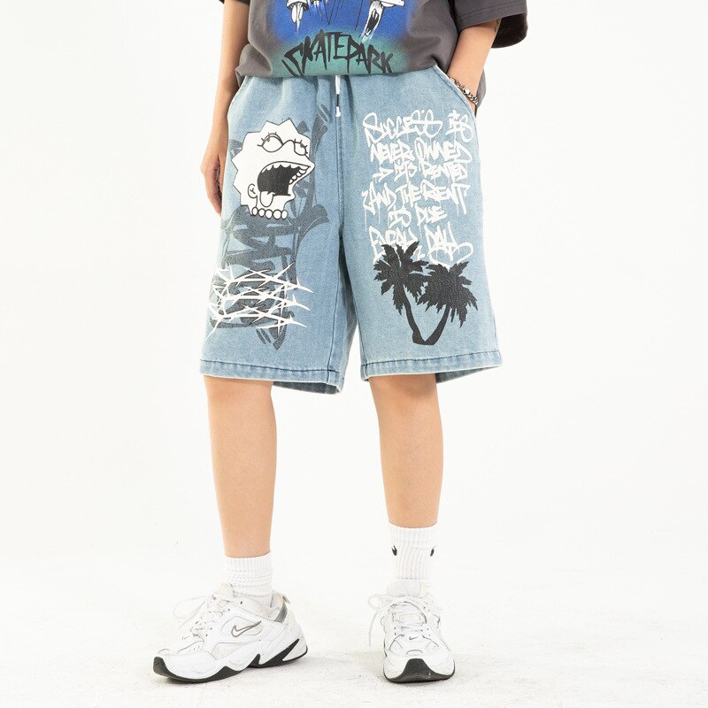 Hip Hop Denim Shorts Streetwear Paint Cartoon Letter Jeans Shorts Men Harajuku Cotton Summer Harajuku Short Pant WO292: blue / L