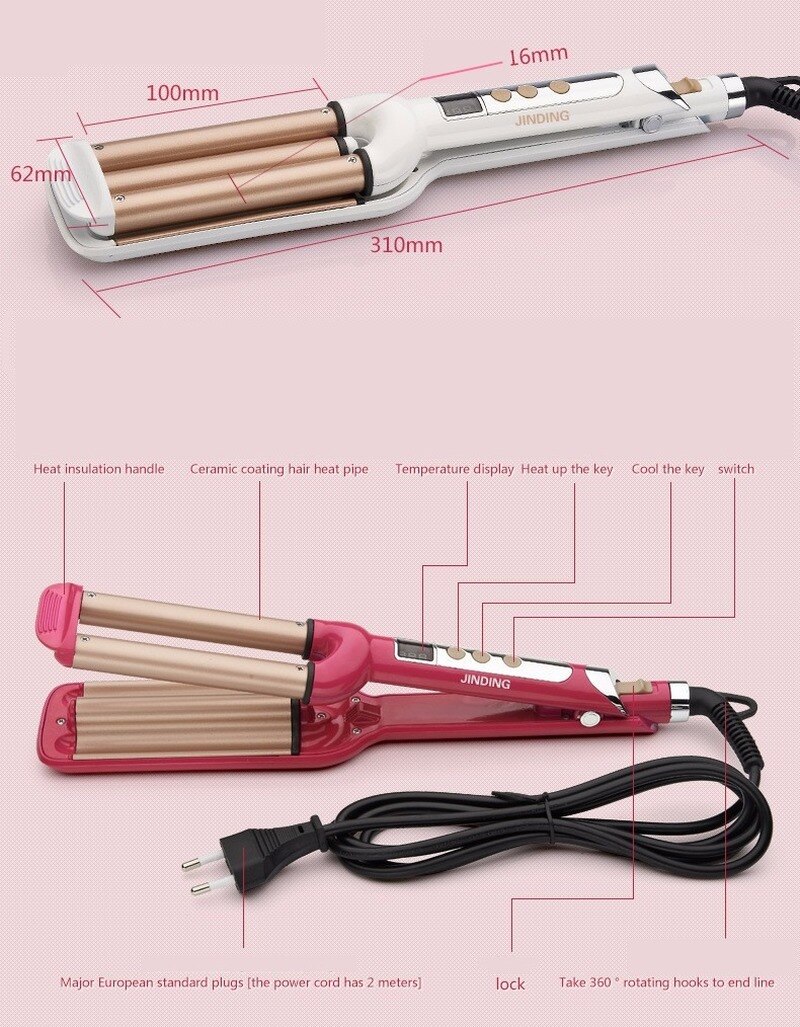 Plancha rizadora de tres tubos para peluquería, termostato de ondas con pantalla LCD, 1 Uds.