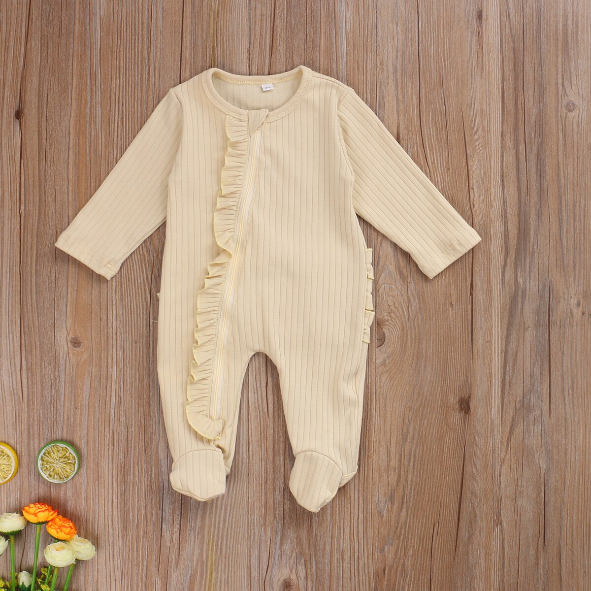 0-6M All Seasons Outfits Newborn Infant Baby One-piece Footed Pajamas Candy Colors Long Sleeve Ruffle Zip Nightclothes Sleepwear