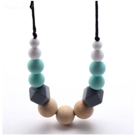 chewable silicone+original wood beads necklace baby teething teether holder toy diy teething necklace for mom no BPA: k