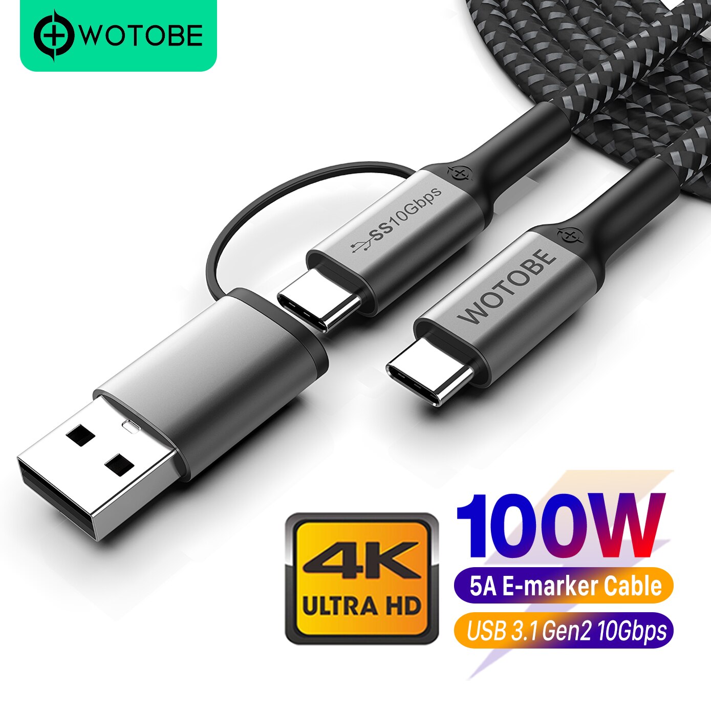 3M 10ft USB-C Tot C Kabel 5A E-MARK PD100W Usb 3.1 Gen2 10Gbps 4K 60Hz Video nylon Weven Legering Power Line Voor Computer Laptops: 2 in 1 black / 2m