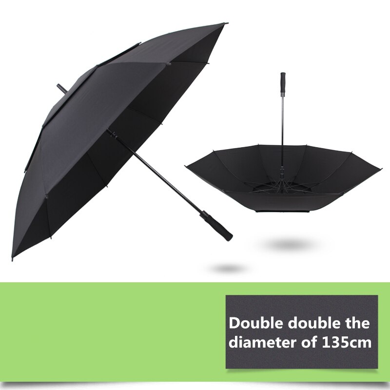 Nx stor golfparaply vindtæt dobbeltlag 135cm glasfiber mand forretning reklame sol regn lange paraply mænd: Sort