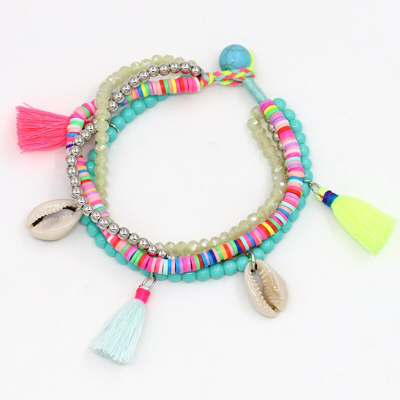 multi-couche perles brin coquille Bracelet été plage bijoux cristal argile pierre mixte gland Bracelets femmes: B509a