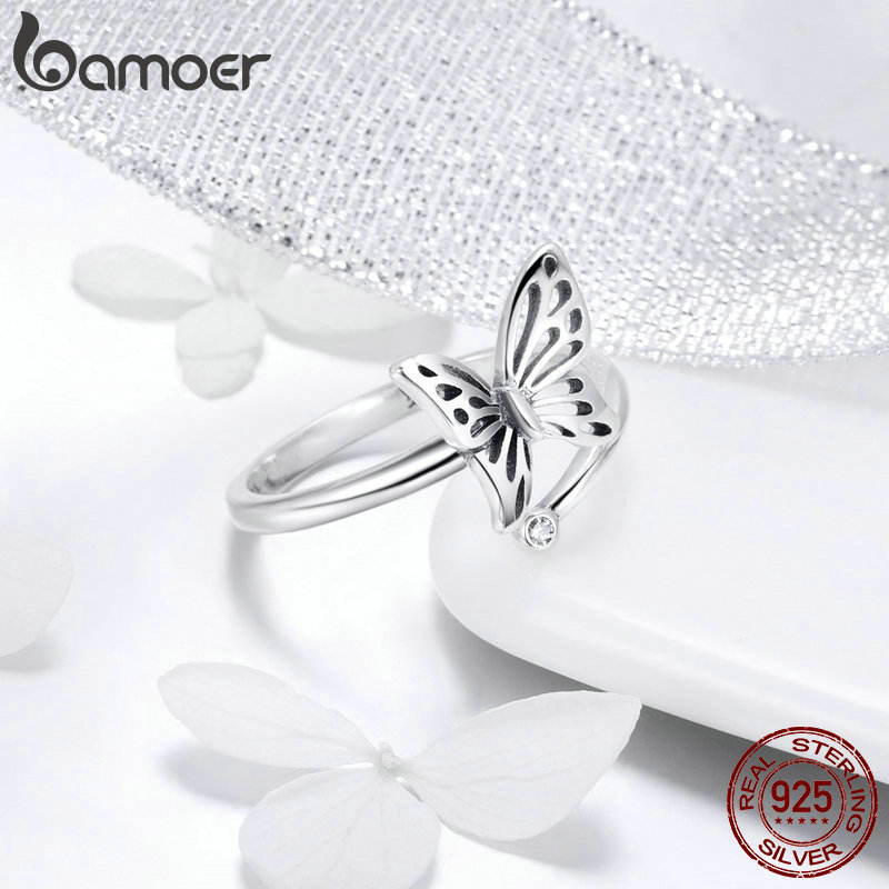 BAMOER Authentic 925 Sterling Silver Vintage Butterfly Adjustable Finger Rings for Women Wedding Engagement Ring Jewelry SCR448