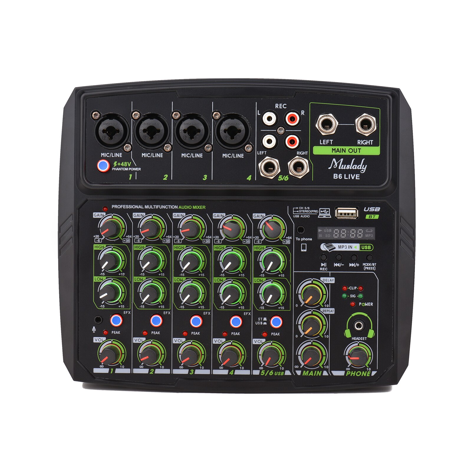 Muslady 4 / 6-Channel Audio Mixer Mixing Console LED Screen Built-in Soundcard BT Connection with 2-band EQ Gain Delay Control