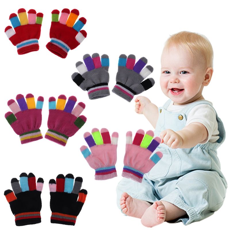 1 Pair Bambini Guanti Guanti Pieni Della Barretta Caldo di Inverno Dei Bambini Colorato Della Banda Lavorato A Maglia Delle Ragazze Dei Ragazzi Solido Guanto Multi Colore