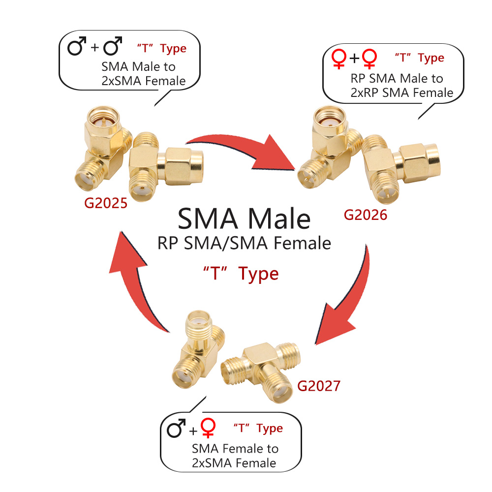 Conector SMA a SMA macho hembra RP SMA a SMA macho RPSMA, convertidor de adaptador RF de 3 vías de ángulo recto