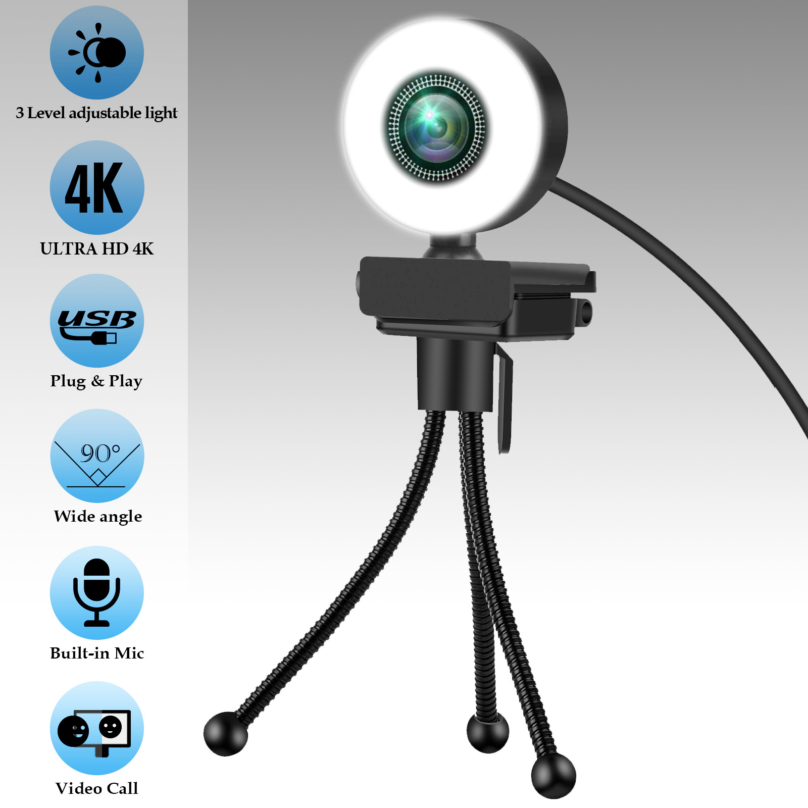 4K/2K/1080P Auto-Focus Led Web Camera Hd Webcam Met Microfoon 3 Niveau licht Web Kameras Voor Computer Pc Video-opname Webcam