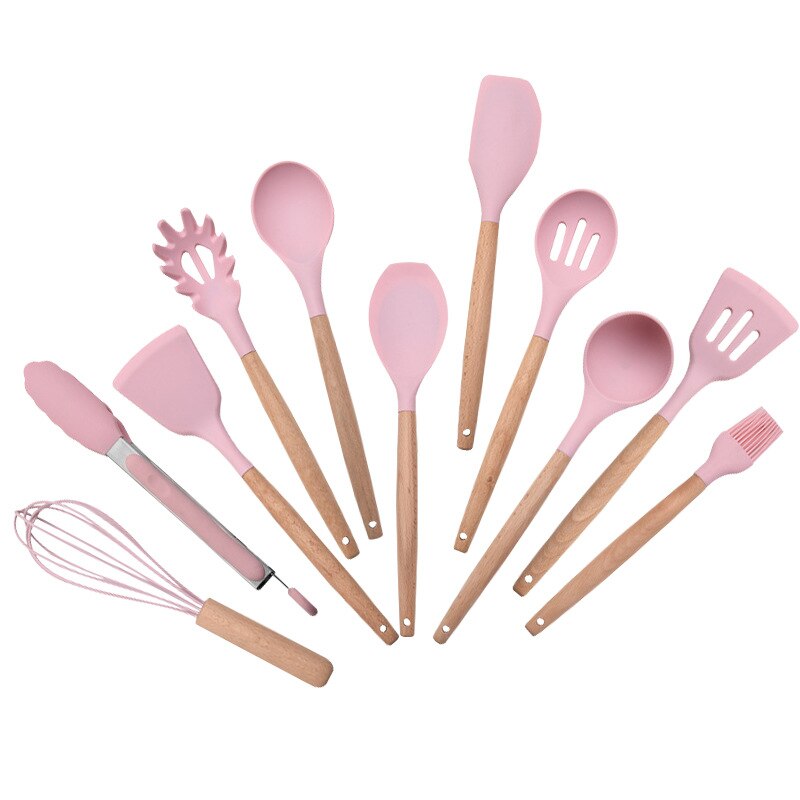 Ustensiles de cuisine en silicone, 11- pièces, ustensiles de cuisine antiadhésifs, cuillère de cuisine, spatule, manche en bois, ustensiles de cuisine