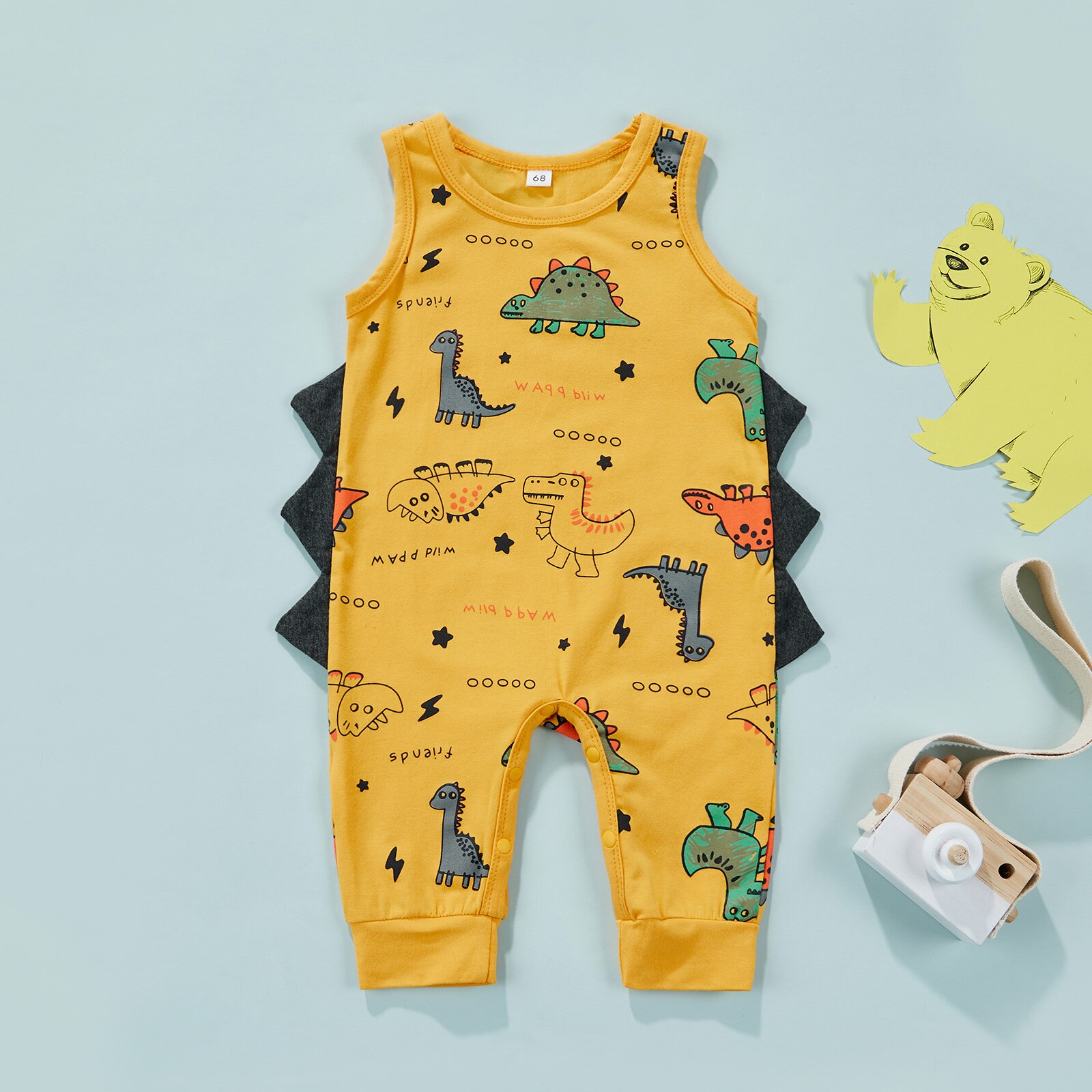 Macacão infantil do dinossauro do menino do bebê, animais dos desenhos animados sem mangas imprimir macacão macacão verão macacões