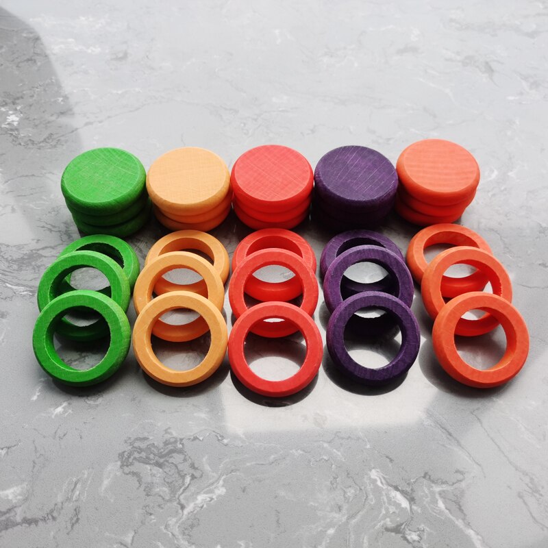 Juguetes de madera de 12 Colores para niños, monedas y anelli de arcoíris de haya, bloques apilables, piezas naturales s