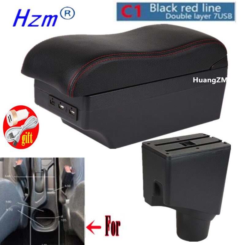 For Toyota Yaris Armrest For Toyota Yaris hybrid Car Armrest box Retrofit parts Interior Storage box USB LED: C1 style red line
