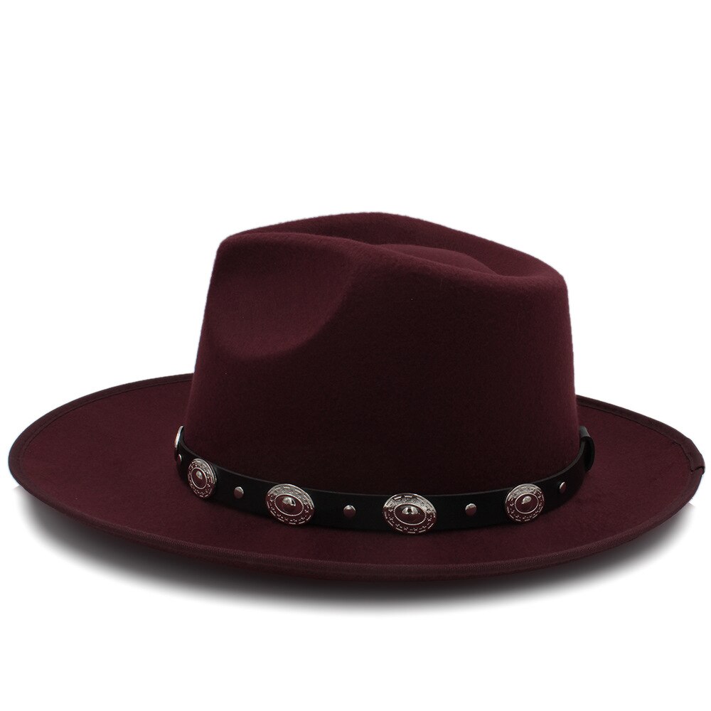 Sombrero Fedora de fieltro para mujer a la , Sombrero de otoño para mujer, Sombrero de estilo Jazz, Sombrero de señora, Reina, Sombrero Fascinator para papá, cinturón Punk: Wine red