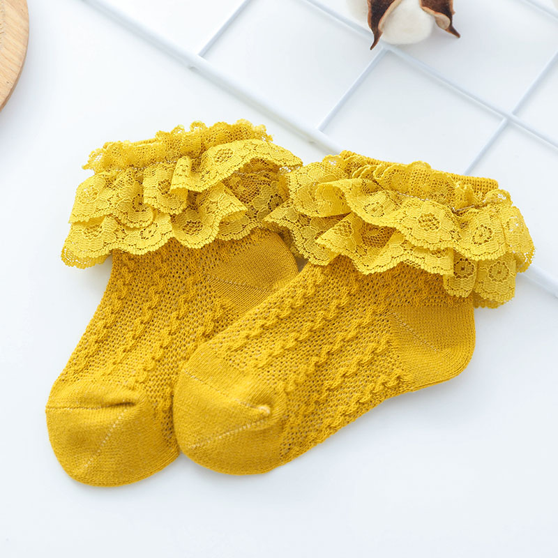 Kant Ruche Prinses Baby Meisje Sokken Zomer Mesh Ademende Katoenen Sokken Effen Kleur Baby Kids Ankle Korte Sokken: yellow