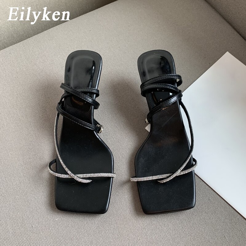 Eilyken Summer Clip Toe Buckle Strap Women Sandals 2022 Crystal Diamond Narrow Band Thin Medium Heels Flip Flops Shoes: Black / 35