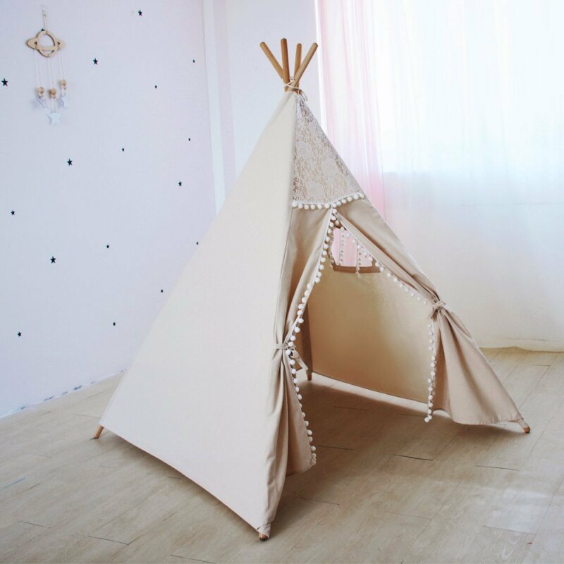 Natural Canvas Pom Pom Teepee Tent for Kids Play Tipi Tent Childrens Wigwam Tent