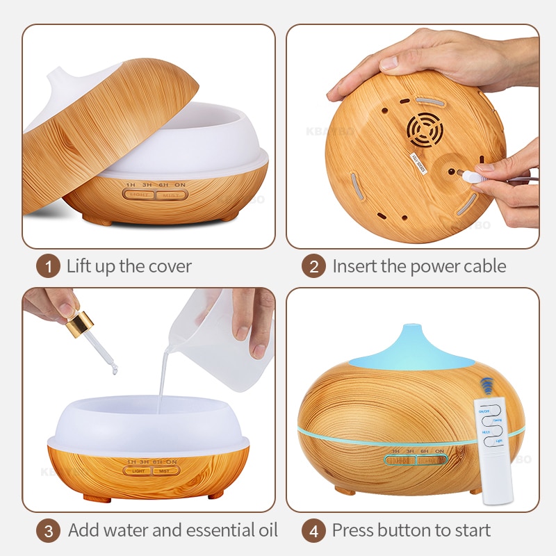 KBAYBO 550ml USB humidificateur d'air arôme diffuseur télécommande 7 couleurs changeantes LED lumières cool brumisateur fabricant purificateur d'air pour la maison