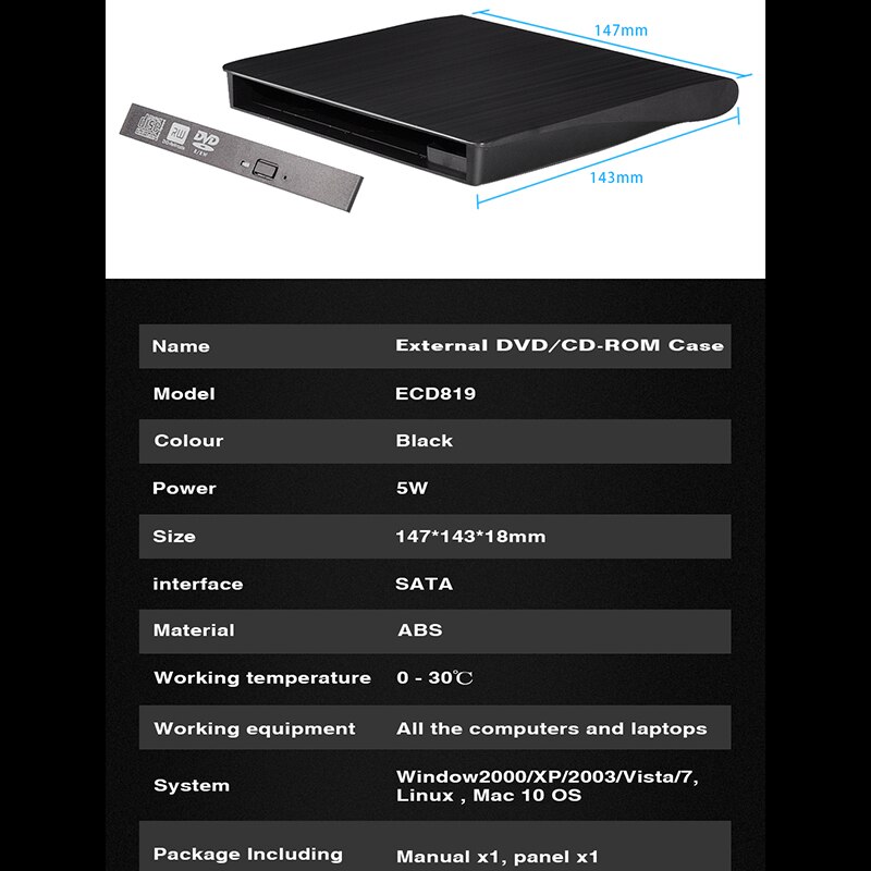 Carcasa de DVD externa para portátil, caja de CD-ROM de 12,7 Mm sin unidad óptica, USB3.0 SATA