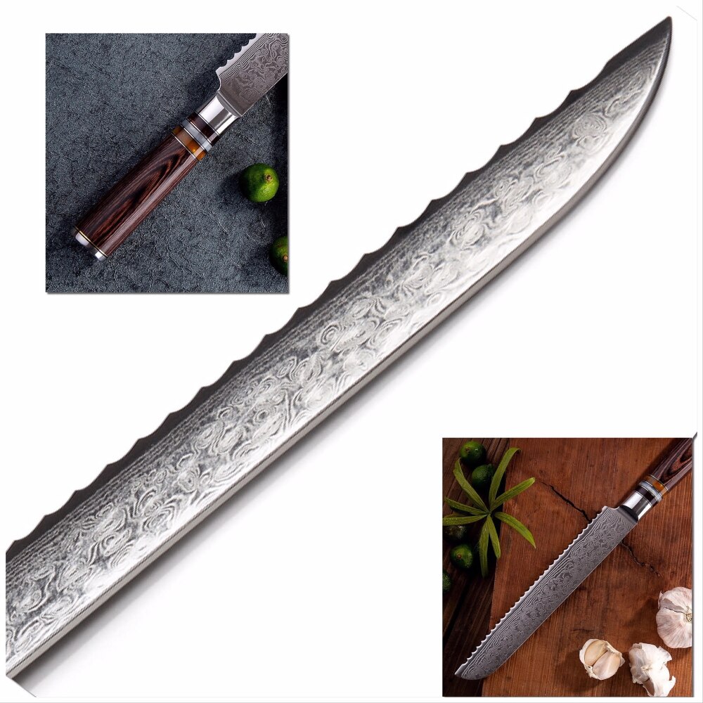 Damascus Kitchen Knives vg10 Japanese Damascus Steel Bread Knife Cake Slicing Bakery Tools Serrated Stainless Damascus Blade