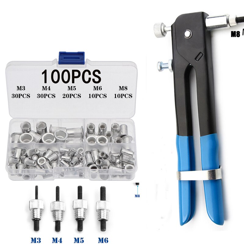 100/150/165/210pcs M3-M12 Multi Flat Head Metric Thread Blind Rivet Nut Insert Rivnut Nutsert Screw: 100pcs aluminum