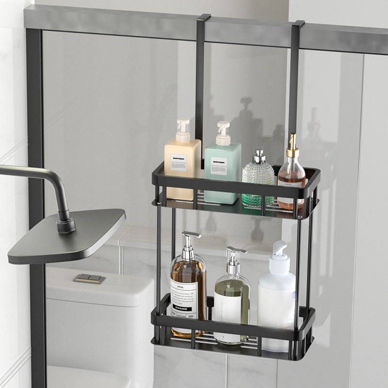 Drill-Free Bathroom Shelf Over Door Hanging Organizer Wall-Mounted Basket Rack Multi-Layer Shower Room Storage Shelf for Toilet: Light Grey