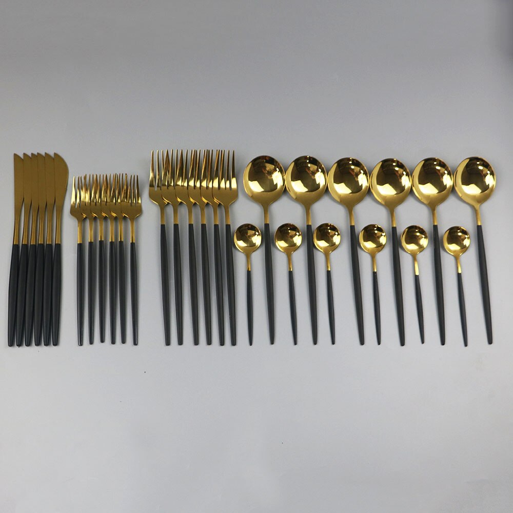 30 st svart guld servis set 18/10 rostfritt stål porslin bestick set enkel middag kniv gaffel sked cutler: Svart guld