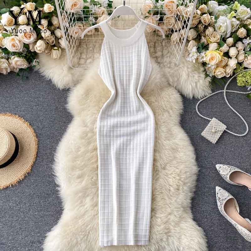 YuooMuoo-robe moulante, à la pour femmes, col licou, en tricot, sans manches, Streetwear, nouveauté pour l'été: WHITE