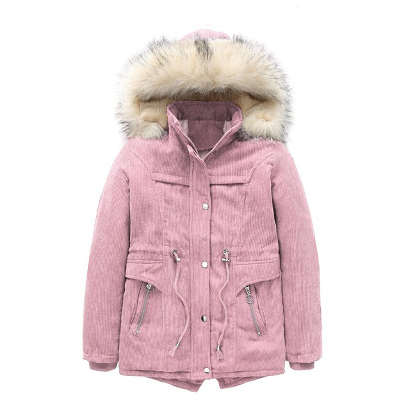 Hiver enfants couleur unie velours côtelé à capuche veste à glissière cordon veste vêtements en plein air hiver cyclisme Ski vêtements: Rose / XL